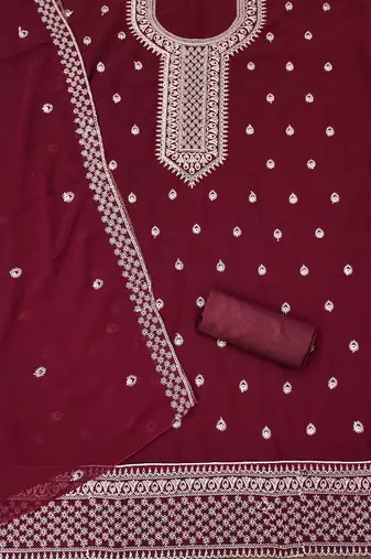 Manvaa women's maroon designer zari embrodiery dupatta georgette dress material