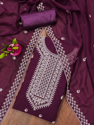 Manvaa women's purple designer zari embrodiery dupatta georgette dress material 3
