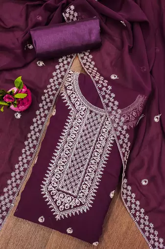 Manvaa women's purple designer zari embrodiery dupatta georgette dress material