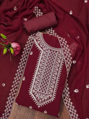 Manvaa women's maroon designer zari embrodiery dupatta georgette dress material 3