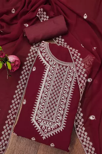 Manvaa women's maroon designer zari embrodiery dupatta georgette dress material