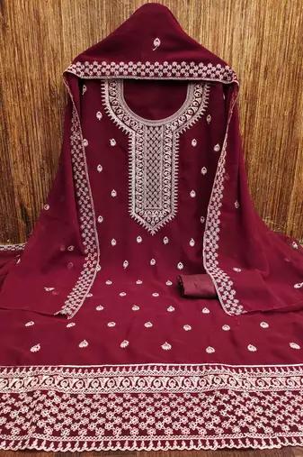 Manvaa women's maroon designer zari embrodiery dupatta georgette dress material