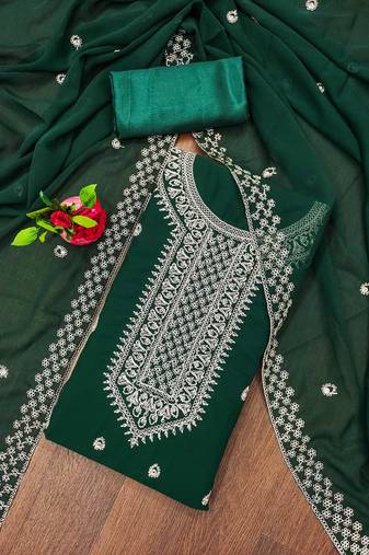 Manvaa women's green unstitched designer zari embrodiery dupatta georgette dress material 