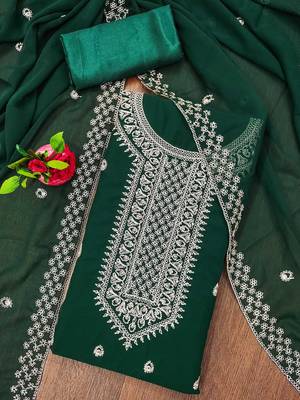 Manvaa women's green designer zari embrodiery dupatta georgette dress material 3