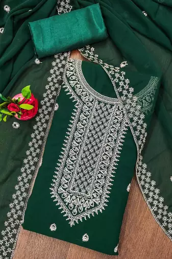 Manvaa women's green designer zari embrodiery dupatta georgette dress material