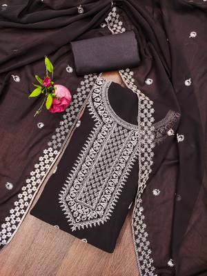 Manvaa women's brown designer zari embrodiery dupatta georgette dress material 1