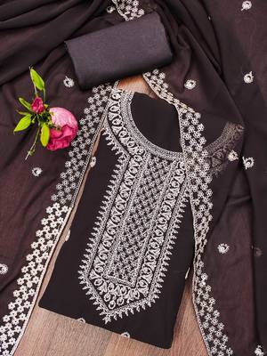 Manvaa women's brown designer zari embrodiery dupatta georgette dress material 3