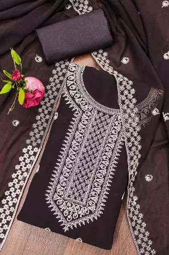 Manvaa women's brown designer zari embrodiery dupatta georgette dress material
