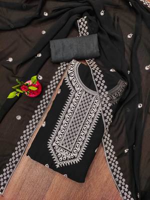 Manvaa women's black designer zari embrodiery dupatta georgette dress material 1