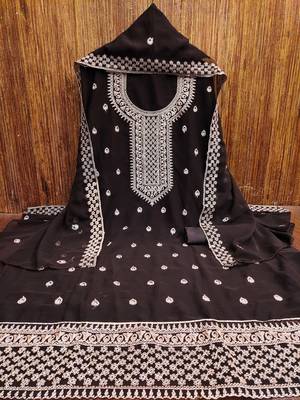 Manvaa women's brown designer zari embrodiery dupatta georgette dress material 5
