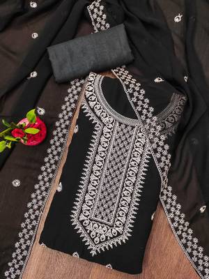 Manvaa women's black designer zari embrodiery dupatta georgette dress material 3