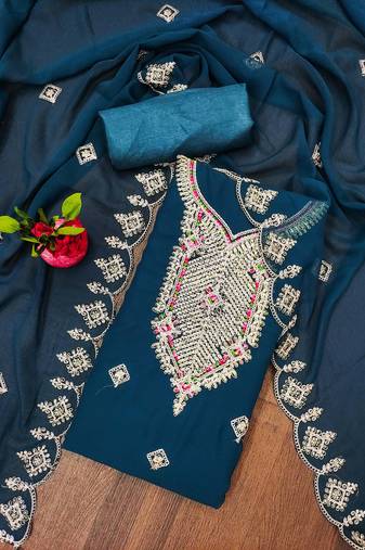 Manvaa women's teal blue unstitched heavy multi embrodiery dupatta georgette dress material 