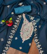 Manvaa women's teal blue heavy multi embrodiery dupatta georgette dress material