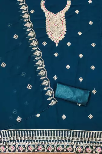 Manvaa women's teal blue heavy multi embrodiery dupatta georgette dress material