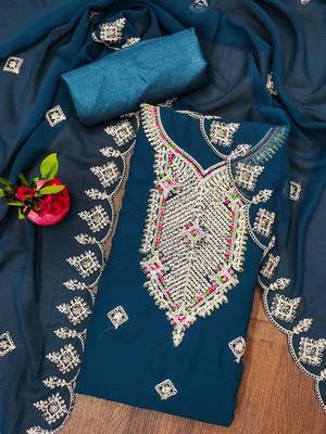 Manvaa women's teal blue heavy multi embrodiery dupatta georgette dress material 3
