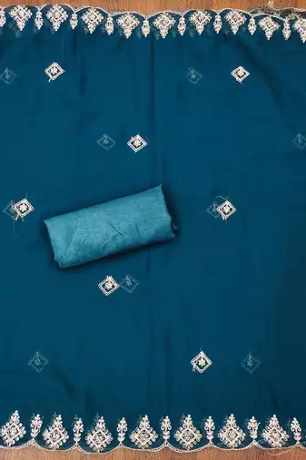 Manvaa women's teal blue heavy multi embrodiery dupatta georgette dress material