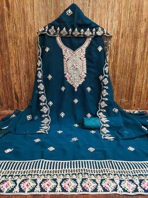 Manvaa women's teal blue heavy multi embrodiery dupatta georgette dress material 5