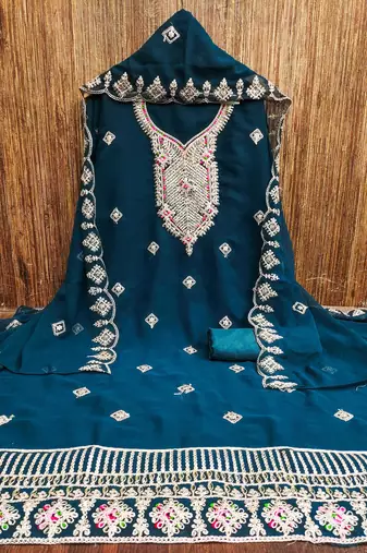 Manvaa women's teal blue heavy multi embrodiery dupatta georgette dress material