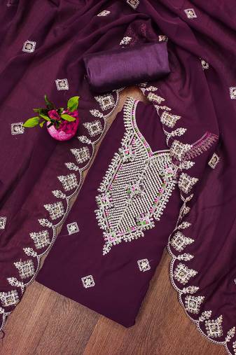 Manvaa women's purple unstitched heavy multi embrodiery dupatta georgette dress material 