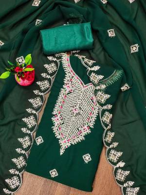 Manvaa women's green heavy multi embrodiery dupatta georgette dress material 3