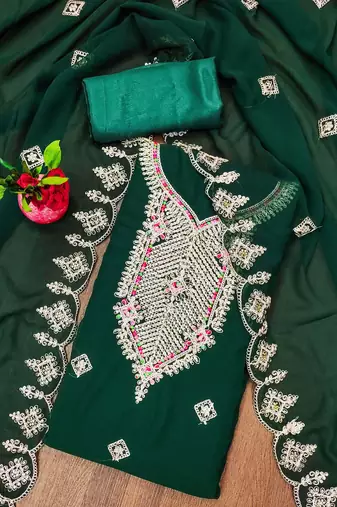 Manvaa women's green heavy multi embrodiery dupatta georgette dress material