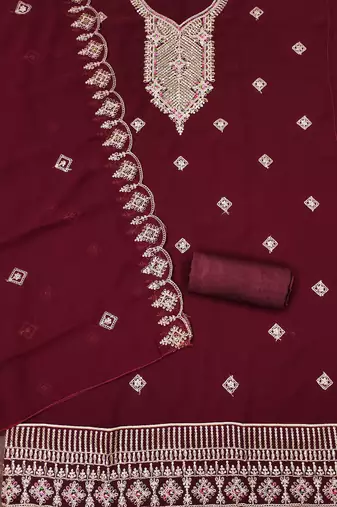 Manvaa women's maroon heavy multi embrodiery dupatta georgette dress material