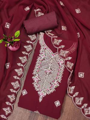 Manvaa women's maroon heavy multi embrodiery dupatta georgette dress material 3