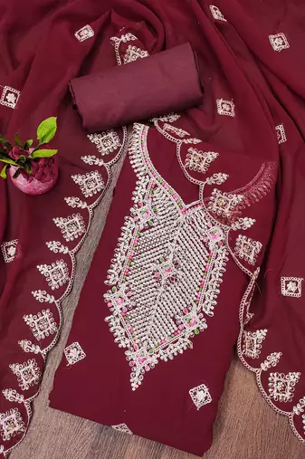 Manvaa women's maroon heavy multi embrodiery dupatta georgette dress material