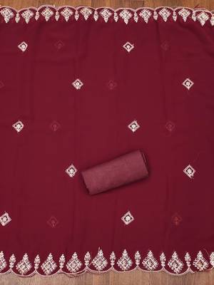 Manvaa women's maroon heavy multi embrodiery dupatta georgette dress material 4