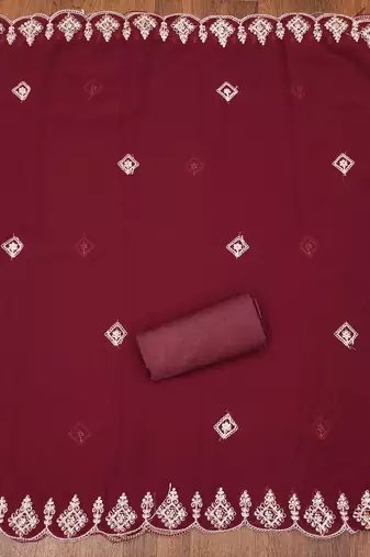 Manvaa women's maroon heavy multi embrodiery dupatta georgette dress material
