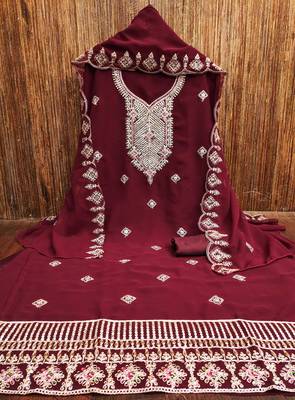 Manvaa women's maroon heavy multi embrodiery dupatta georgette dress material 5
