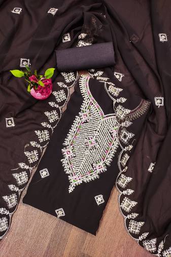 Manvaa women's brown unstitched heavy multi embrodiery dupatta georgette dress material 
