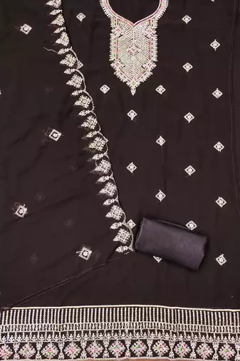 Manvaa women's brown heavy multi embrodiery dupatta georgette dress material