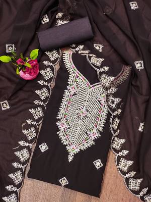 Manvaa women's brown heavy multi embrodiery dupatta georgette dress material 3