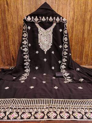 Manvaa women's brown heavy multi embrodiery dupatta georgette dress material 5