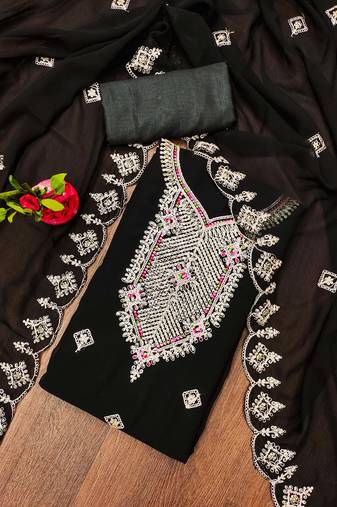 Manvaa women's black unstitched heavy multi embrodiery dupatta georgette dress material 