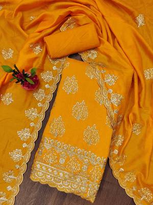 Manvaa women's yellow heavy sequence embrodiery dupatta vichitra cotton dress material 3