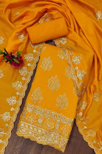 Manvaa women's yellow heavy sequence embrodiery dupatta vichitra cotton dress material