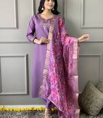 Purple embroidered viscose chanderi stitched straight pant style salwar suit