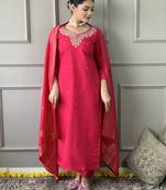 Red embroidered viscose chanderi stitched straight pant style salwar suit
