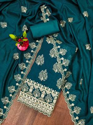 Manvaa women's teal blue heavy sequence embrodiery a vichitra cotton dress material 1