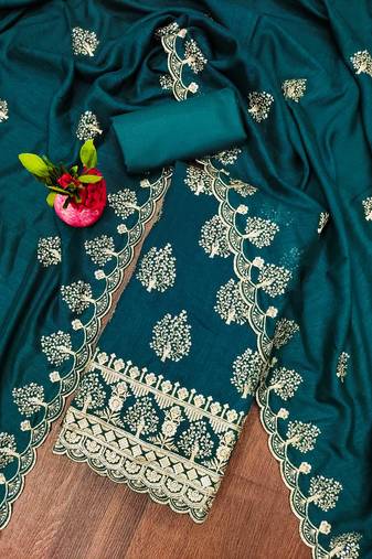 Manvaa women's teal blue unstitched heavy sequence embrodiery a vichitra cotton dress material 