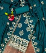 Manvaa women's teal blue heavy sequence embrodiery a vichitra cotton dress material