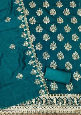 Manvaa women's teal blue heavy sequence embrodiery a vichitra cotton dress material 2