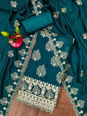 Manvaa women's teal blue heavy sequence embrodiery a vichitra cotton dress material 3