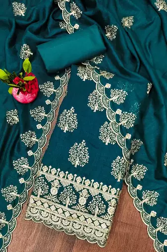 Manvaa women's teal blue heavy sequence embrodiery a vichitra cotton dress material
