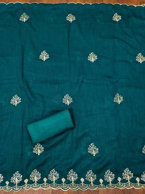 Manvaa women's teal blue heavy sequence embrodiery a vichitra cotton dress material 4