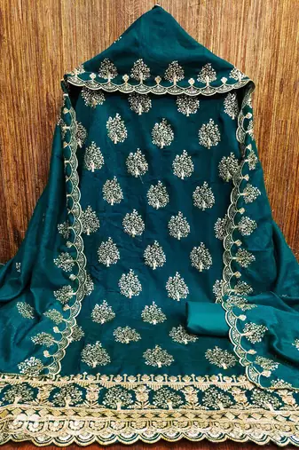 Manvaa women's teal blue heavy sequence embrodiery a vichitra cotton dress material