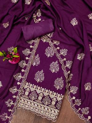 Manvaa women's purple heavy sequence embrodiery vichitra cotton dress material 3