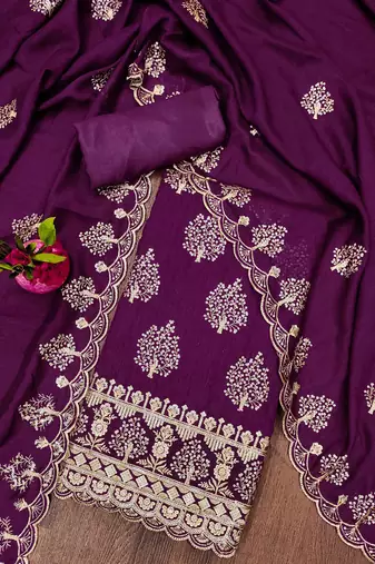Manvaa women's purple heavy sequence embrodiery vichitra cotton dress material